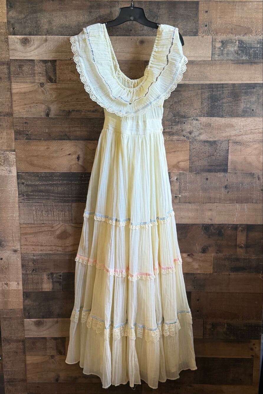 Vintage 1970s Gunne Sax by Jessica San Francisco Yellow Gauze Prairie Maxi Dress